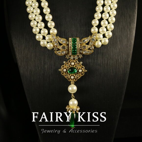 Heavy Green Gemstone & Pearl Sweater Chain - Picture 2 of 4